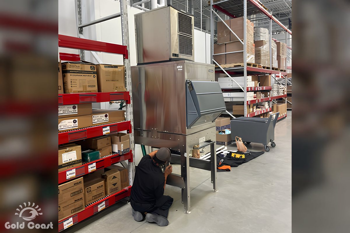 Refrigeration technician servicing a commercial ice machine in a warehouse parts facility