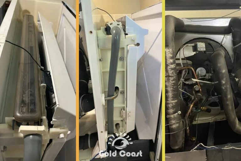 Interior water system and refrigeration components of an ice machine during professional cleaning and inspection