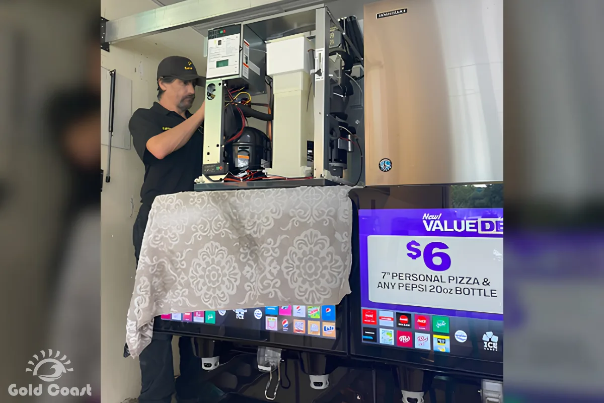 Gold Coast technician diagnosing components inside a commercial ice machine